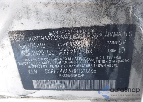 2011 Hyundai Sonata Gls z USA, uszkodzony, nr VIN 5NPEB4AC9BH120286